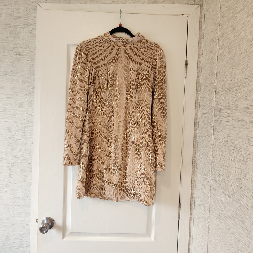 Blue Rain Gold Sequin Long Sleeve Midi Dress L Euc
